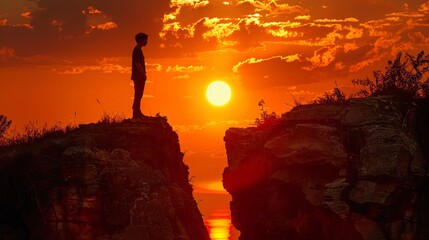 Silhouetted against the setting sun a man at a two way split pondering his next step a metaphor for lifes pivotal choices