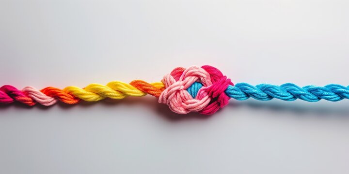 Multi-colored braided rope with a central knot on a white surface.