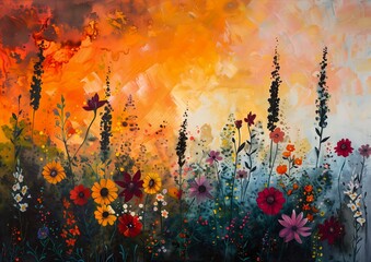 field flowers sunset background fiery explosion store bright energetic composition overgrown garden environment wildfire oil soul creates wildflowers