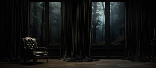 A single chair placed in a poorly lit room with dark curtains drawn, creating a mysterious atmosphere