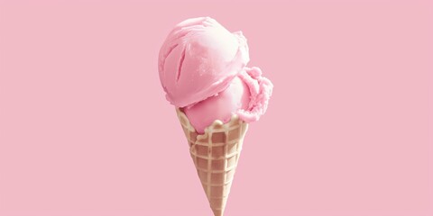 Pink ice cream scoop in a cone against a matching pink background, simple and sweet.