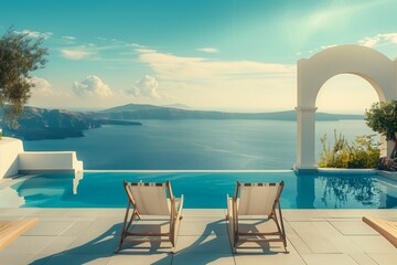 two chairs sitting next pool patio greek perfect symmetry summer morning