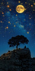 starry night sky lone tree full moon wish resign interconnected human scattered golden flakes magazine sitting under star craft