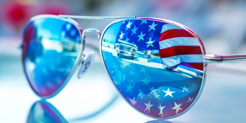 Sunglasses reflecting the American flag, a cool accessory for patriotic celebrations. - obrazy, fototapety, plakaty