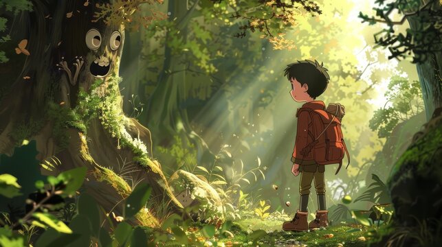 Illustration of Depict the excitement of exploration with a young adventurer discovering a hidden gem in a mysterious forest