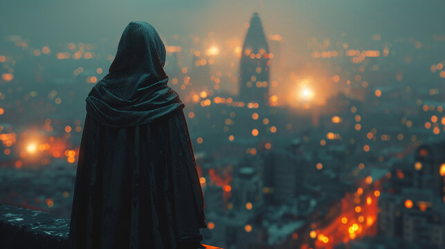 Mysterious figure, hooded cloak, lurking in the shadows, overlooking a city from a rooftop at night Realistic, backlights, lens flare