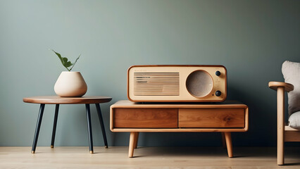 old school radio sits on minimalist wooden furniture in modern vibes - obrazy, fototapety, plakaty