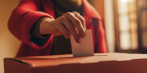 Hand placing a vote into a ballot box, a gesture of participation and democracy in action. - obrazy, fototapety, plakaty
