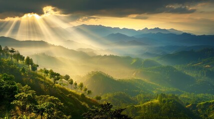 the tranquility of nature with a breathtaking landscape shot of a mountain range bathed in golden...