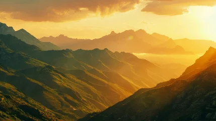 Poster the tranquility of nature with a breathtaking landscape shot of a mountain range bathed in golden sunlight © CYBERUSS
