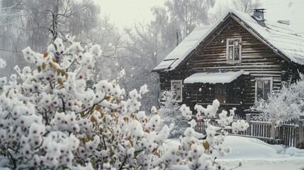 Traditional Russian house. Lush blooming of snow-white jasmine in the foreground. Cozy home...