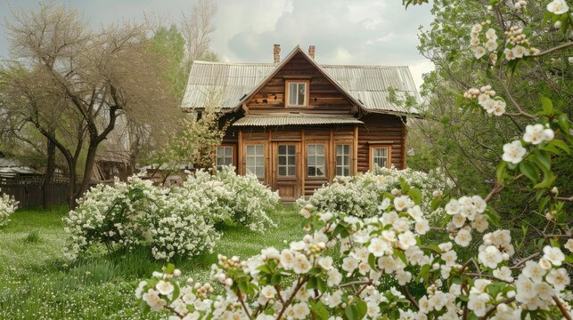 Traditional Russian house. Lush blooming of snow-white jasmine in the foreground. Cozy home exterior. Old house in the village