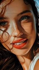 woman long hair white tank top bright depth oil color portrait teenage aphrodite close ups painted pastels grills