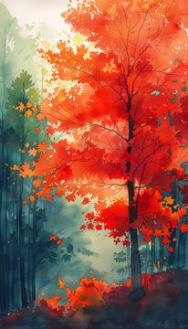 red tree woods perfect coloring orange colored painted bright deep color depth blur brightly leaves gradient white fall richly