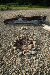 Campfire and driftwood on stoney shoreline. Maraehako Bay, Bay of Plenty, New Zealand.