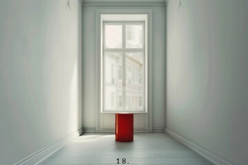 Abstract 3D red room with white cylinder pedestal or stand podium in hearth shape window. Generative AI