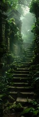 stone stairway leading structure woods princess young temple run empty liminal space green terrace descend deep steps lost - obrazy, fototapety, plakaty