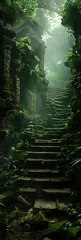 Foto op Canvas stone stairway leading structure woods princess young temple run empty liminal space green terrace descend deep steps lost © Cary