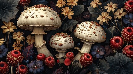different types mushrooms field flowers baroque elements microscopic - obrazy, fototapety, plakaty