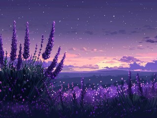 Lavender pixel art swaying gently animation twilight illumination soothing purple and green - obrazy, fototapety, plakaty