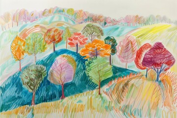 drawing hill trees hills background pastel springtime vibrancy forest plains yorkshire illustrations - obrazy, fototapety, plakaty