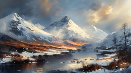 mountain lake range glaciers ice snow mate tempered solitude scene golden dawn stunning skied celtic - obrazy, fototapety, plakaty
