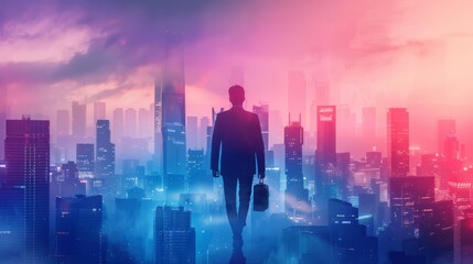 the concept of success and achievement with a confident entrepreneur standing tall against a city skyline, with a briefcase in hand
