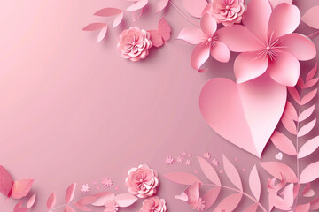 Fototapeta na wymiar Beautiful Valentine's Day Background with Pink Love Heart. Paper Cut Flowers Design. Generative AI
