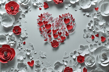 Beautiful Valentine's Day Background with red and white Love Heart. Paper Cut Flowers. Generative AI