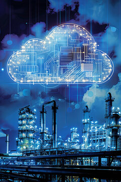 Cloud computing icon on an industrial factory background