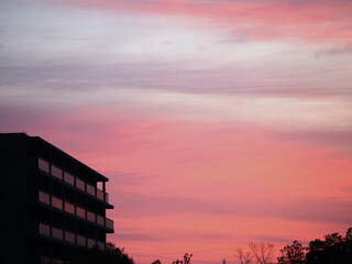 Tokyo, Japan - March 24, 2024:  A beautiful condominium reflecting morning sky

