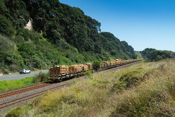 Train on railway carrying forestry wood for transpot, Pikowai, Bay of Plenty, New Zealand.