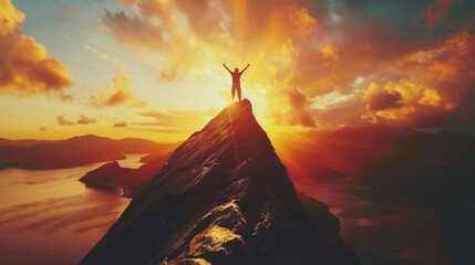 the concept of success and achievement with a powerful image of someone reaching the top of a mountain or crossing the finish line - obrazy, fototapety, plakaty
