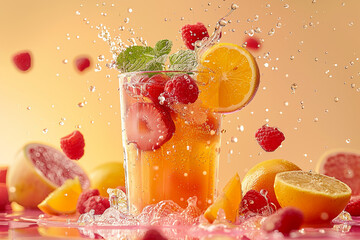 Fruit juice with splash water on pastel background