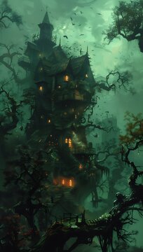 house middle forest lot trees grungy parapets scale black witch hat buildings torch lit shackled verdant exteriors