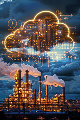 Cloud computing icon on an industrial factory background