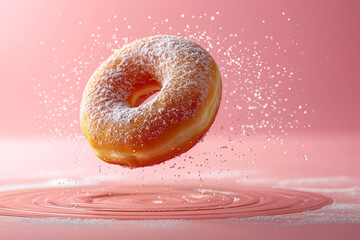 Levitating pink donut on pink background