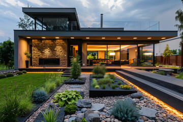 Beautiful garden in front of modern house in the evening hour