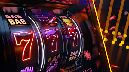 3d render of slot machine with neon lights and symbols, purple color theme with BAR text on the front, casino background with slot machines in the back, bright light, stock photo
