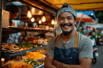 Fototapeta na wymiar Portrait of happy seller smilling at food truck in market