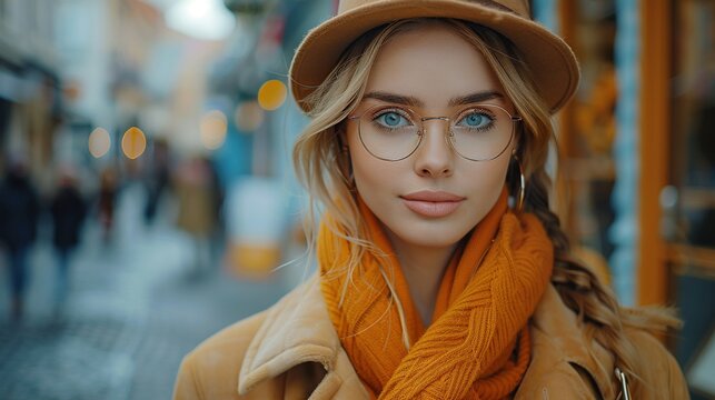Outdoor shot of beautiful young businesswoman posing on the street of a European city. Model wearing stylish clothes, glasses, hats, bags. Women's fashion concept.