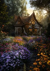 house middle garden flowers princess wildflowers enchanted dreams realms springtime morning forest imagery