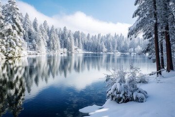 Obraz na płótnie Canvas Lake with snow covering on tree branches