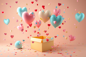 Cute love message popping out of an open present box with confetti and heart. Generative AI