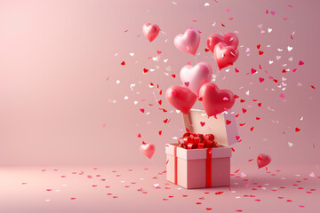 Cute love message popping out of an open present box with confetti and heart. Generative AI