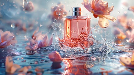 A elegant perfume bottle mockup among flowers and lots of petals flying with a big empty space for text or product, Generative AI. - obrazy, fototapety, plakaty