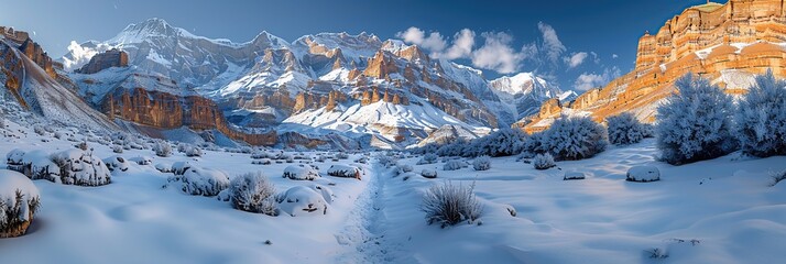 Panoramic view of snowy mountains in Upper Mustang, Annapurna Nature Reserve, trekking trail, Nepal.