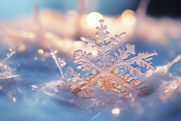 Closeup of snowflake in winter season
