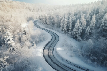 Top view of curved road with snow covering on trees  in winter season