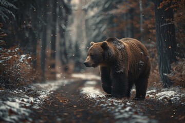 A bear is walking through a snowy forest. The bear is brown and he is walking on a path. The snow...